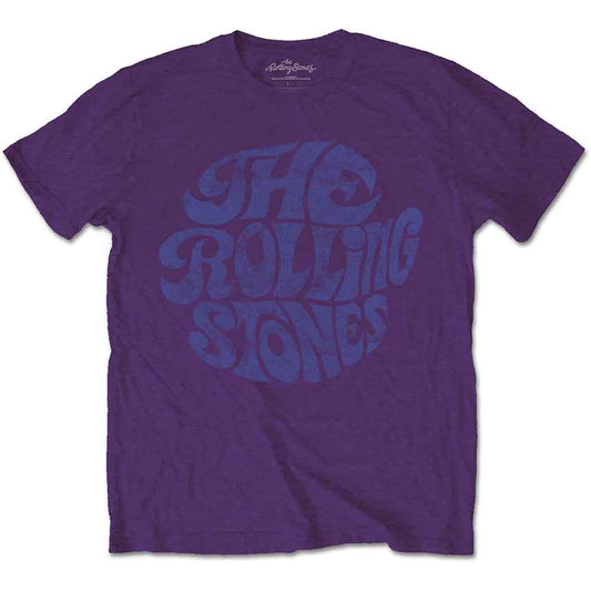 Purple short-sleeved t-shirt with a blue circular The Rolling Stones logo graphic.