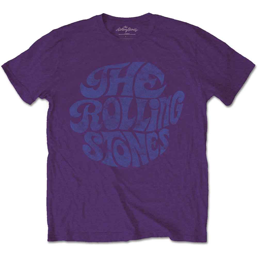 Purple short-sleeved t-shirt with a blue circular The Rolling Stones logo graphic.