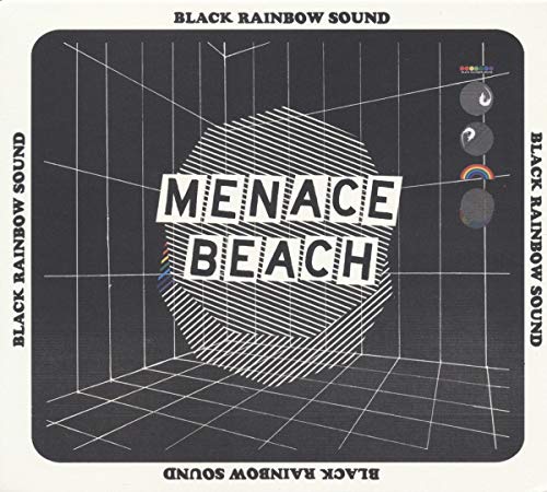 "Black and white vinyl record cover with 'Menace Beach' text in a 3D grid."