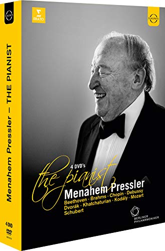 DVD cover featuring portrait of pianist Menahem Pressler in formal wear.