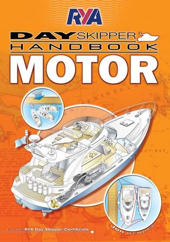 Book cover for RYA Day Skipper Handbook Motor featuring a boat illustration on orange.