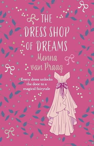 Book cover with a pink background, blue leaves, white bows, and a pink dress.