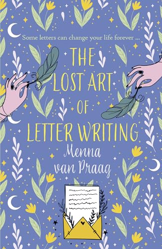 Book cover with blue background, yellow flowers, hands holding feathers, and an envelope illustration.