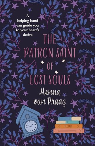 Book cover with dark background, floral patterns, stars, a clock, and stacked books.