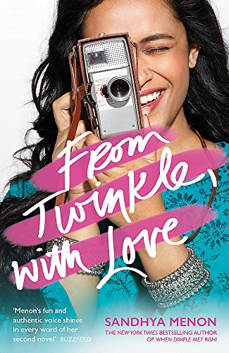 Young woman smiling, holding a vintage camera, book cover illustration.