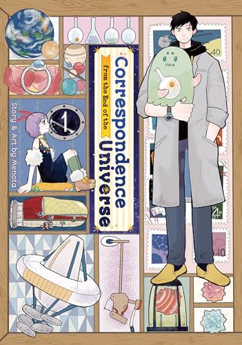 Manga cover with a boy, a girl, and various cosmic objects in shelves.