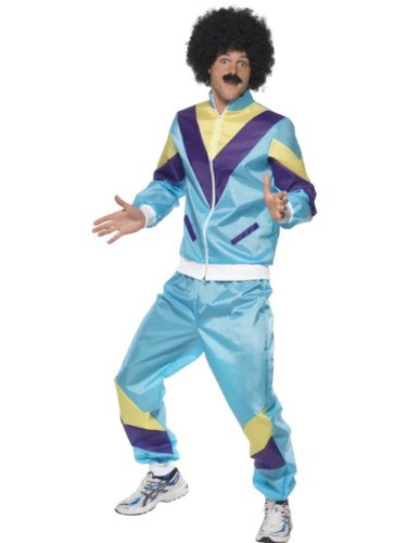 Man wearing a bright blue and purple 1980s shell suit costume.