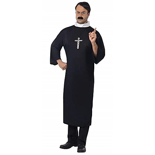 Man wearing a black priest costume with a white collar and cross.