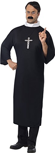 Man dressed as a priest, wearing a black robe with a white collar and silver cross.