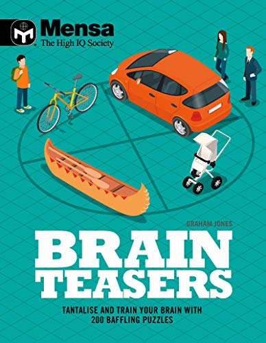 Mensa Brain Teasers book cover with illustrated objects and large text.