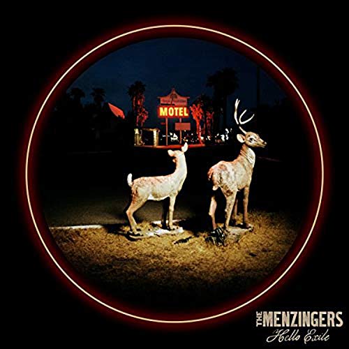 "Album cover featuring two deer statues outside a motel at night, circular frame."