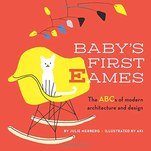 Book cover with a white cat sitting in a yellow Eames-style rocking chair.