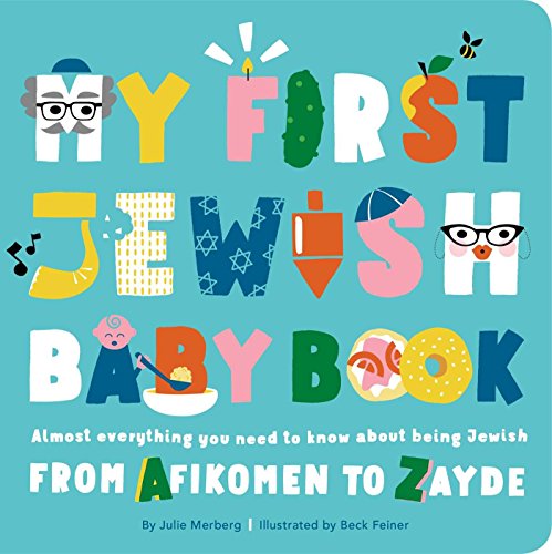 Colorful children’s book cover with large, playful lettering: “My First Jewish Baby Book.”