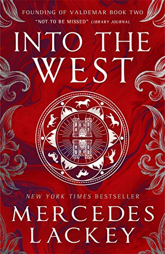 Book cover: "Into the West" by Mercedes Lackey, red and silver design.