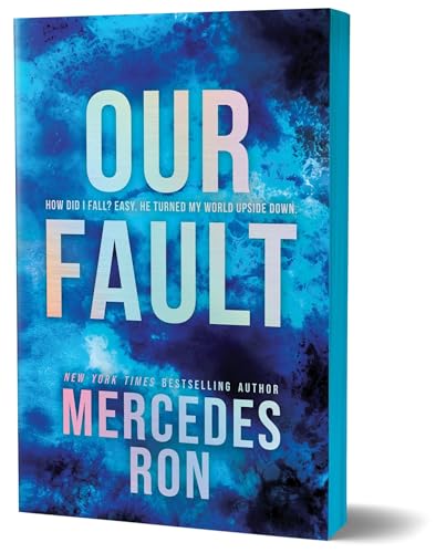 Book cover with blue and white abstract design, title “Our Fault” in large text.