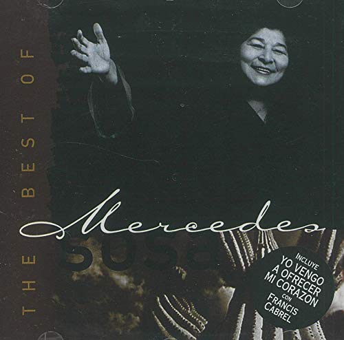 Black and white portrait of Mercedes Sosa with her hand raised on CD cover.