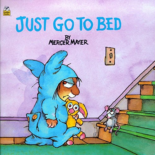 Little Critter in blue pajamas resists bedtime with a toy and mouse.