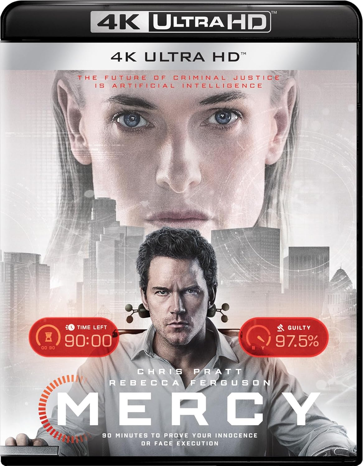 4K UHD Blu-ray cover for Mercy featuring Chris Pratt and Rebecca Ferguson.