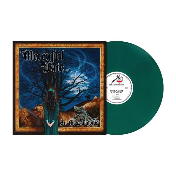 In The Shadows" vinyl record by Mercyful Fate, with dark fantasy cover art.