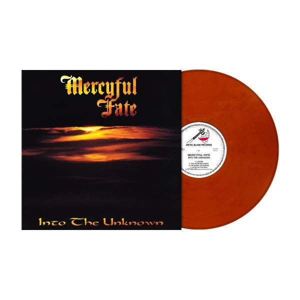 Mercyful Fate "Into The Unknown" vinyl record, orange disc and cover.