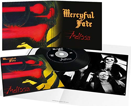 "Mercyful Fate vinyl record and album cover with red and yellow artwork."