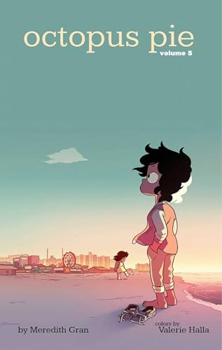 Octopus Pie" volume 5 cover: girl with curly hair looks at a seaside town.
