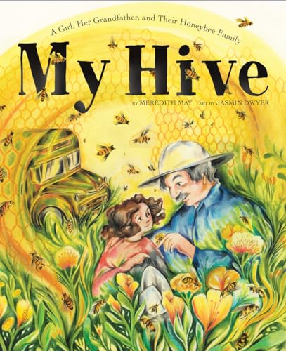 Girl and grandfather with bees, a beehive, and wildflowers in illustration.