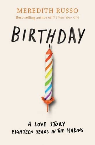 Book cover with title "Birthday" and a rainbow striped candle image.