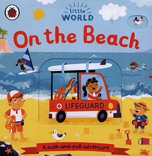 Beach scene with lifeguard truck, children, and water activities.
