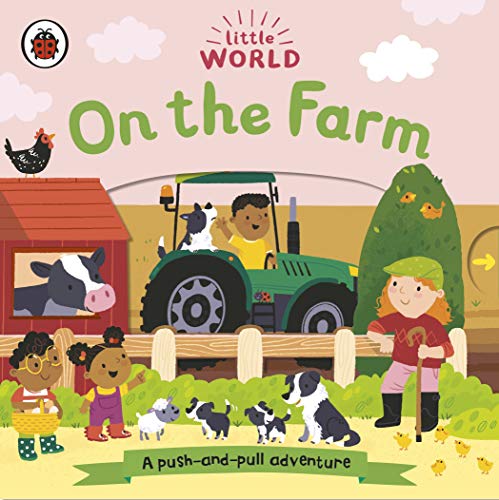Farm scene with tractor, animals, and children; interactive board book.