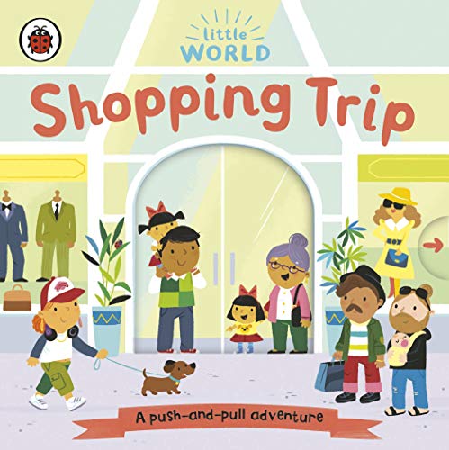 Illustrated book cover showing diverse people and a dog outside a shopping center.