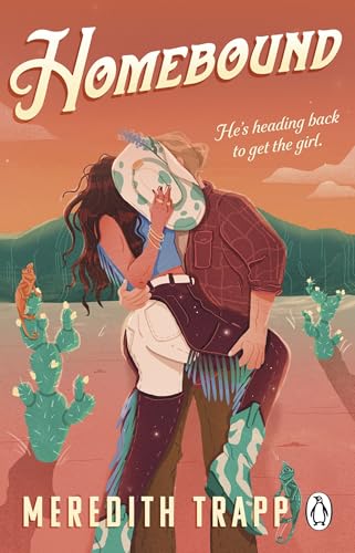 A couple embraces in a desert landscape with cacti under a warm orange sky.