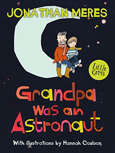 Book cover: Grandpa and grandson sit on the moon, illustrated style.