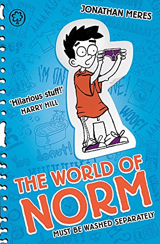 Book cover: cartoon boy holding purple socks, doodles, bright blue background.