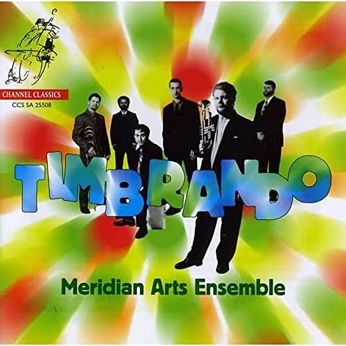 CD cover with colorful background, six musicians, and "Timbrando" in bold letters.