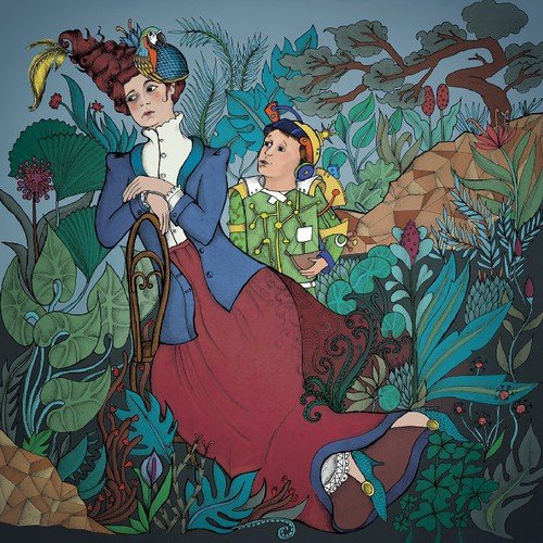 Illustration of a woman and robot in a lush, colorful garden.