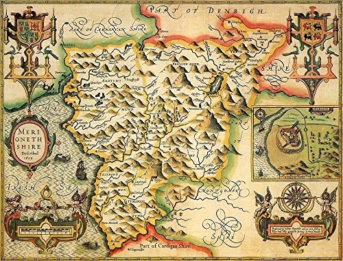 1610 map of Merionethshire, Wales, with coats of arms and decorative borders.