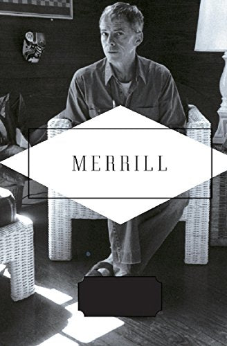 Black and white portrait of James Merrill seated in a wicker chair.