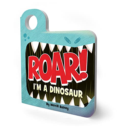 Blue dinosaur board book with eyeholes and red "ROAR!" text.