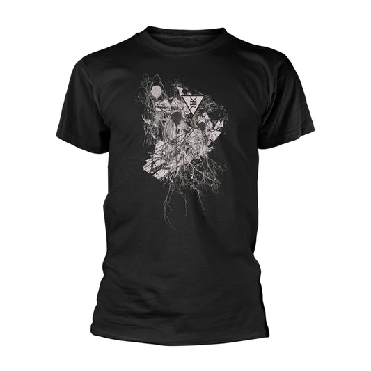 Black t-shirt with a white, detailed skull and geometric design.