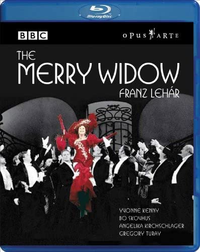 Blu-ray cover for "The Merry Widow" opera, featuring a performer in red.