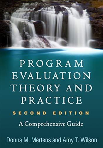 Book cover: "Program Evaluation Theory and Practice," second edition, with waterfall image.