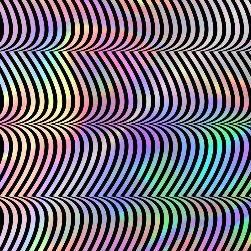 Abstract album cover with iridescent, undulating black and rainbow stripes.