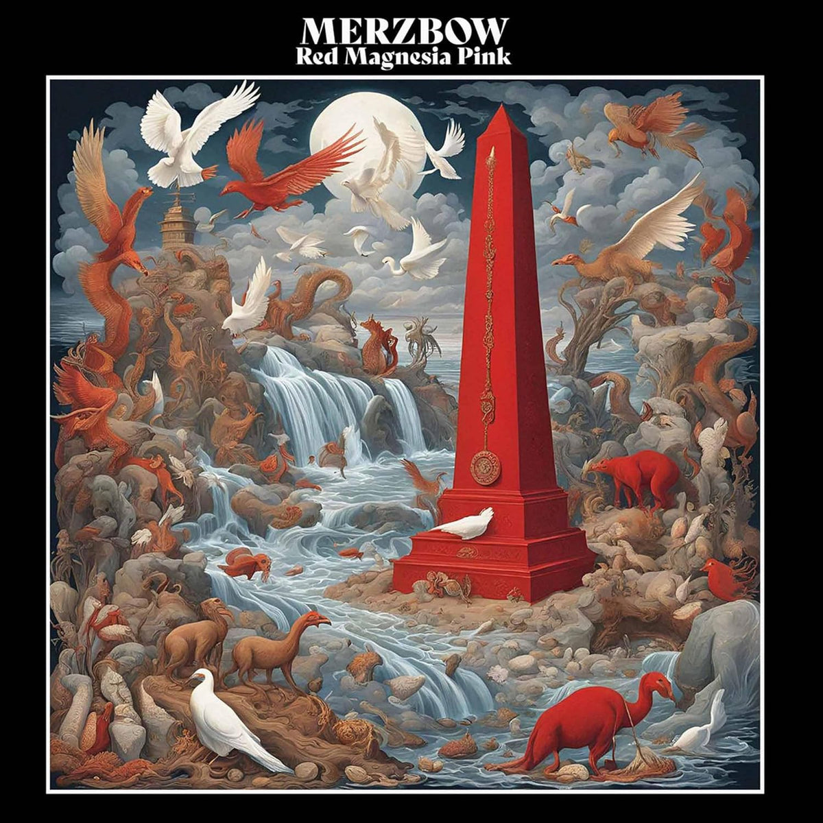 A red obelisk stands before a waterfall, surrounded by fantastical creatures and white birds.