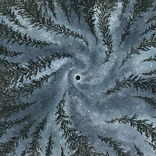 Dark blue and black spiral artwork resembling trees and a void.