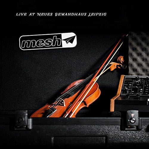 A violin and bow inside a black case with the Mesh logo and text.