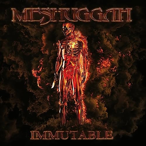 Meshuggah’s “Immutable” album cover: fiery, skeletal figure against dark, smoky background.