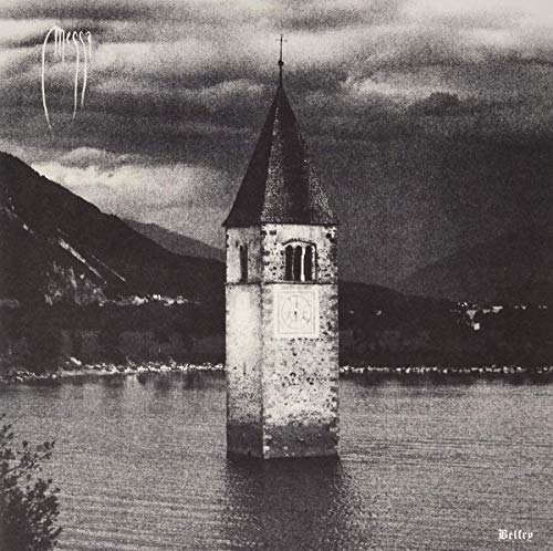 Black and white album cover featuring a tower in a body of water.