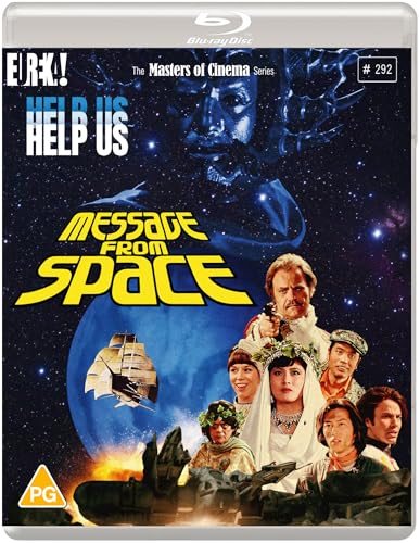 Blu-ray cover art for Message From Space featuring a cast collage against starry background.