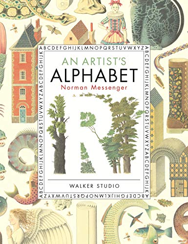 Book cover with illustrated alphabet, buildings, trees, and a fish.
